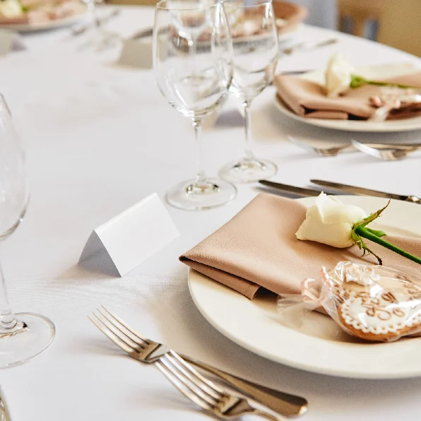 A table set with plates, silverware and napkins.